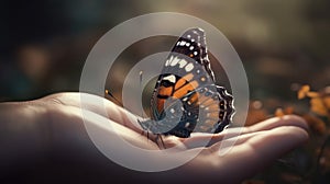Illustration of a butterfly perched on a child\'s hand