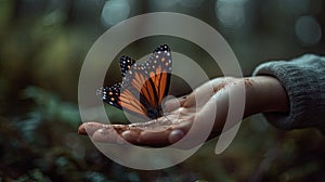 Illustration of a butterfly perched on a child\'s hand