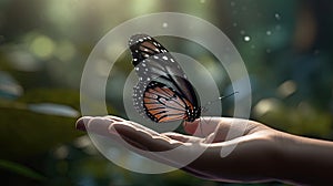 Illustration of a butterfly perched on a child\'s hand