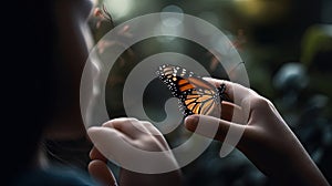 Illustration of a butterfly perched on a child\'s hand