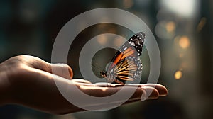 Illustration of a butterfly perched on a child\'s hand