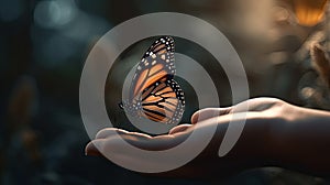 Illustration of a butterfly perched on a child\'s hand