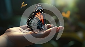 Illustration of a butterfly perched on a child\'s hand