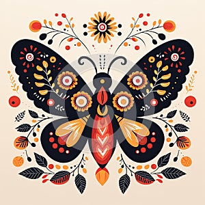 Illustration of a butterfly with stars, in the style of folklore-inspired, mirrored, flat style. photo