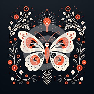 Illustration of a butterfly with stars, in the style of folklore-inspired, mirrored, flat style. photo