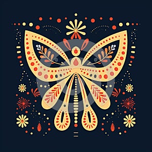 Illustration of a butterfly with stars, in the style of folklore-inspired, mirrored, flat style. photo
