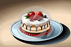 Illustration of a cake with strawberries and blueberries on a plate, fresh baked bakery, sweet dessert, generative ai