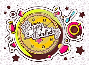 illustration of cake with sweets and cup of tea with text