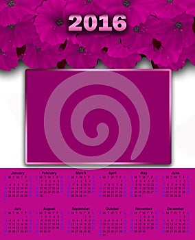 Illustration calendar for 2016 floral white pink