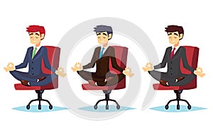 Illustration of a calm, young cartoon businessman sitting cross-legged, smiling and meditating Business man in business