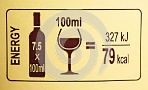 Illustration of the calorie content of a glass of red wine on a bottle label