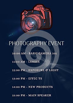 Illustration of camera, light beam, photography event, timings, basic camera 101, lenses, effects
