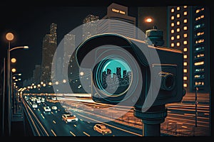illustration of camera and night city observe streets for save, Generative AI photo