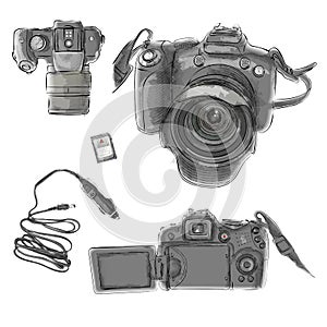 Illustration of camera in sketch style. Graphic Set