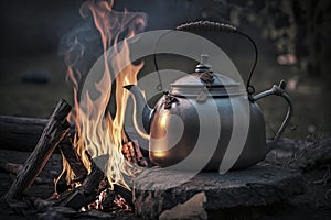 illustration, campfire camping kettle cozy camping spot in wild and generative ai