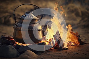 illustration, campfire camping kettle cozy camping spot in wild and generative ai