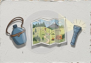 Illustration of camping essentials on a textured background.