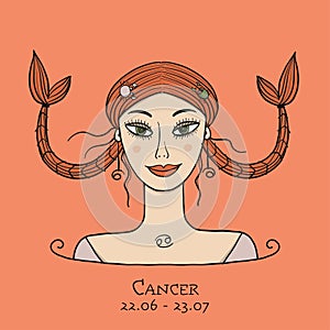 Illustration of Cancer zodiac sign. Element of Water. Beautiful Girl Portrait. One of 12 Women in Collection For Your