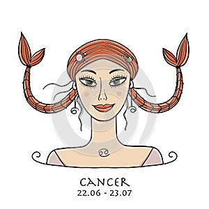 Illustration of Cancer zodiac sign. Element of Water. Beautiful Girl Portrait. One of 12 Women in Collection For Your