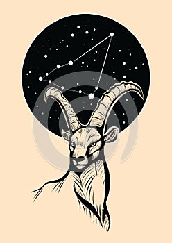 Illustration of a capricorn under the star constellation capricornus