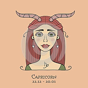 Illustration of Capricorn zodiac sign. Element of Earth. Beautiful Girl Portrait. One of 12 Women in Collection For Your