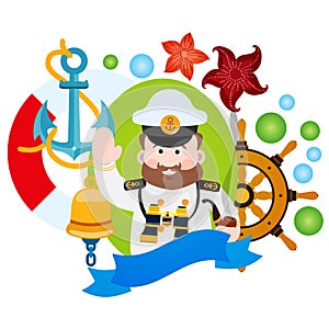 Illustration with the captain. Clipart on the sea theme