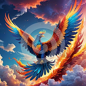 This illustration captures the phoenix in mid-flight, its feathers ablaze with vivid hues, surrounded by swirling clouds photo