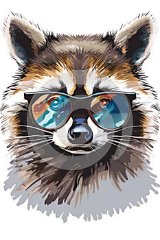 An illustration capturing a raccoon's suave expression behind a pair of chic sunglasses