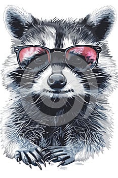An illustration capturing a raccoon's suave expression behind a pair of chic sunglasses photo