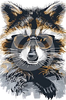 An illustration capturing a raccoon's suave expression behind a pair of chic sunglasses photo