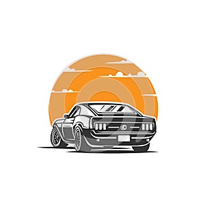 Illustration of a car against the background of the sun disk