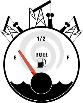 Illustration car fuel gauge, oil rigs black on white, environmental hazard