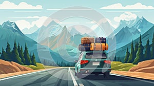 An illustration of a car with luggage on the roof on the road with mountains AI Generated