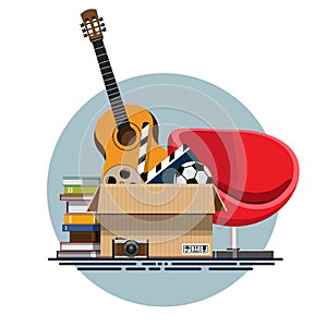 Illustration of a cardboard box with old things photo