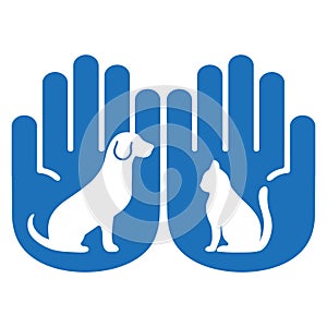 Illustration care and concern for pets. Dog and cat in the hands of a man