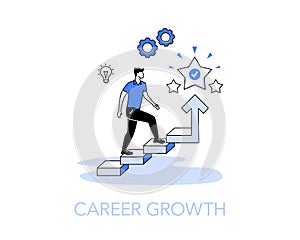 Illustration of a career growth with a person walking up the stairs