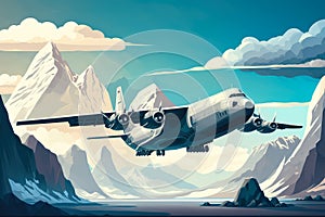 Illustration of a cargo plane flying over a mountain range with a cloudy blue sky in the background