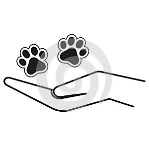 Illustration of caring for animals.Human hand with dog paws