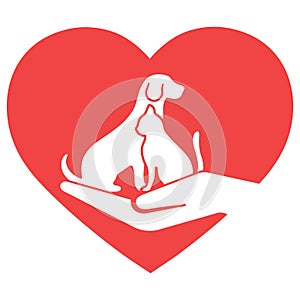 Illustration caring for pets. Dog and cat on hand with heart