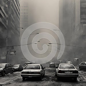 Illustration of cars traffic in a city with pollution, smoke and garbage