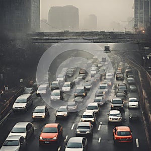 Illustration of cars traffic in a city with pollution, smoke and garbage