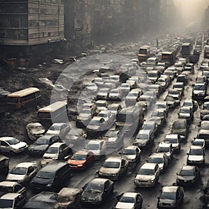 Illustration of cars traffic in a city with pollution, smoke and garbage