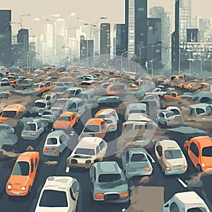 Illustration of cars traffic in a city with pollution, smoke and garbage