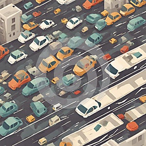 Illustration of cars traffic in a city with pollution, smoke and garbage