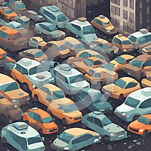 Illustration of cars traffic in a city with pollution, smoke and garbage