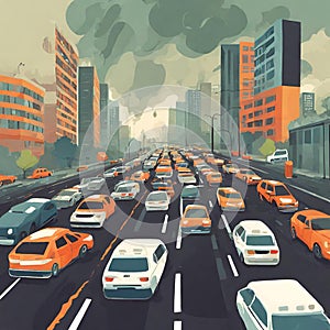 Illustration of cars traffic in a city with pollution, smoke and garbage