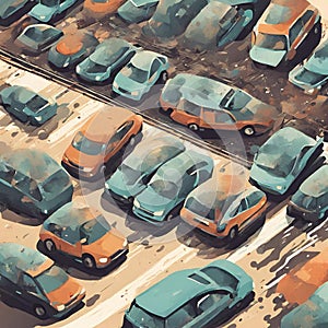 Illustration of cars traffic in a city with pollution, smoke and garbage
