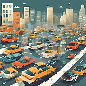 Illustration of cars traffic in a city with pollution, smoke and garbage