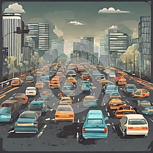 Illustration of cars traffic in a city with pollution, smoke and garbage