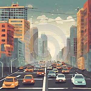 Illustration of cars traffic in a city with pollution, smoke and garbage